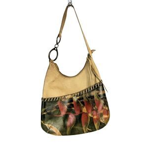 Velez Hand Painted Heliconia Leather Bag Flowers Hobo Shoulder Bag Whipstitch